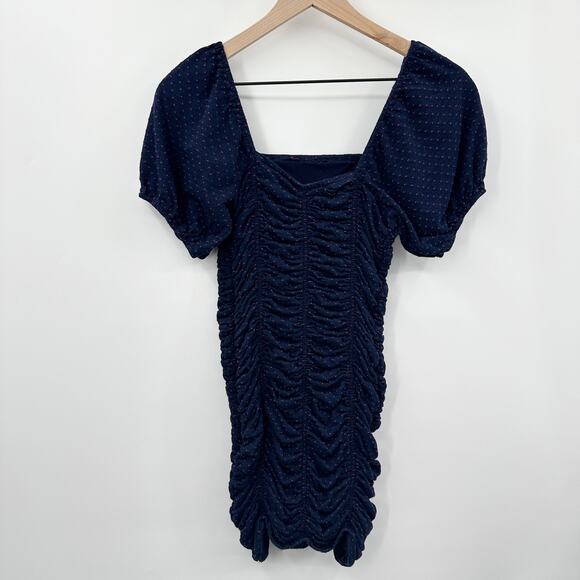 Free People She's In Parties Ruched Bodycon Dress in Navy Pink Polka Dot Size XS - Picture 4 of 14